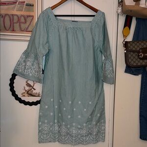 Izod Teal Long Sleeve Dress with White Embroidery